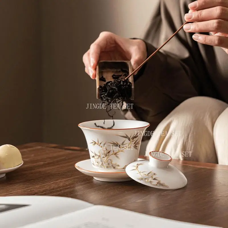 Bamboo Three Talents Bowl Cover Chinese Style Tea Bowl Household Small Capacity Tea Cup Underglaze Colored Drinking Utensils