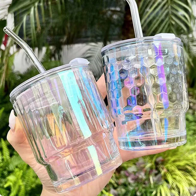 350ml Simple Stripe Coffee Glass Cup With Lid and Straw Transparent Bubble Tea Cup Household Ice Cream Yogurt Milk Juice Mug