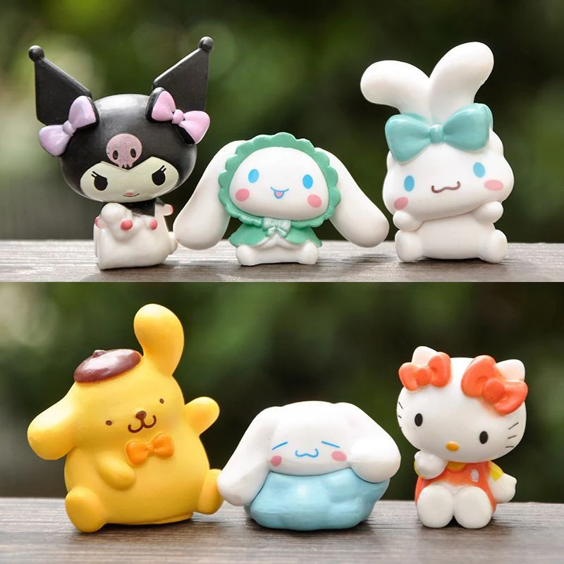 

6Pcs Anime Sanrio Action Figure Hello Kitty Kuromi Cinnamoroll Pompompurin Kawaii Doll DIY Cake Decorate Collectible Model Toy