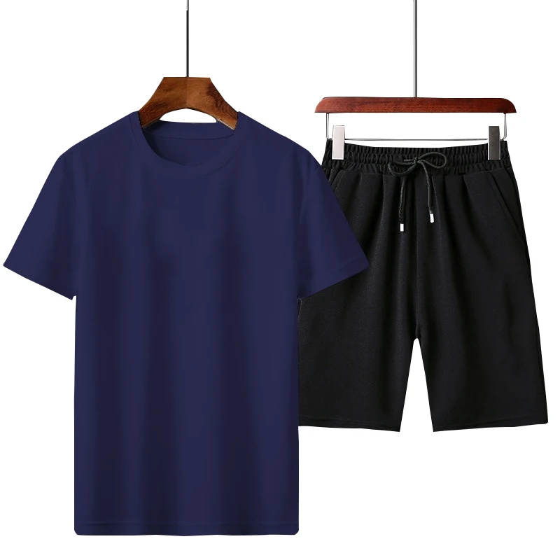 Jogging Suit with Pockets Men's Summer Casual Outfit Set O-Neck Short Sleeve T-Shirt Drawstring Waist Wide Leg Shorts Activewear