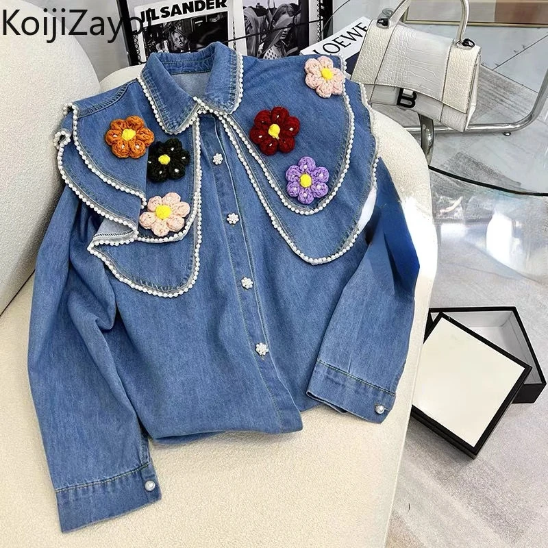 

Koijizayoi Women Fashion Jeans Blouse Appliques Flower Denim Shirt Spring 2022 Chic All Match Slim Blusas Dropshipping Tops