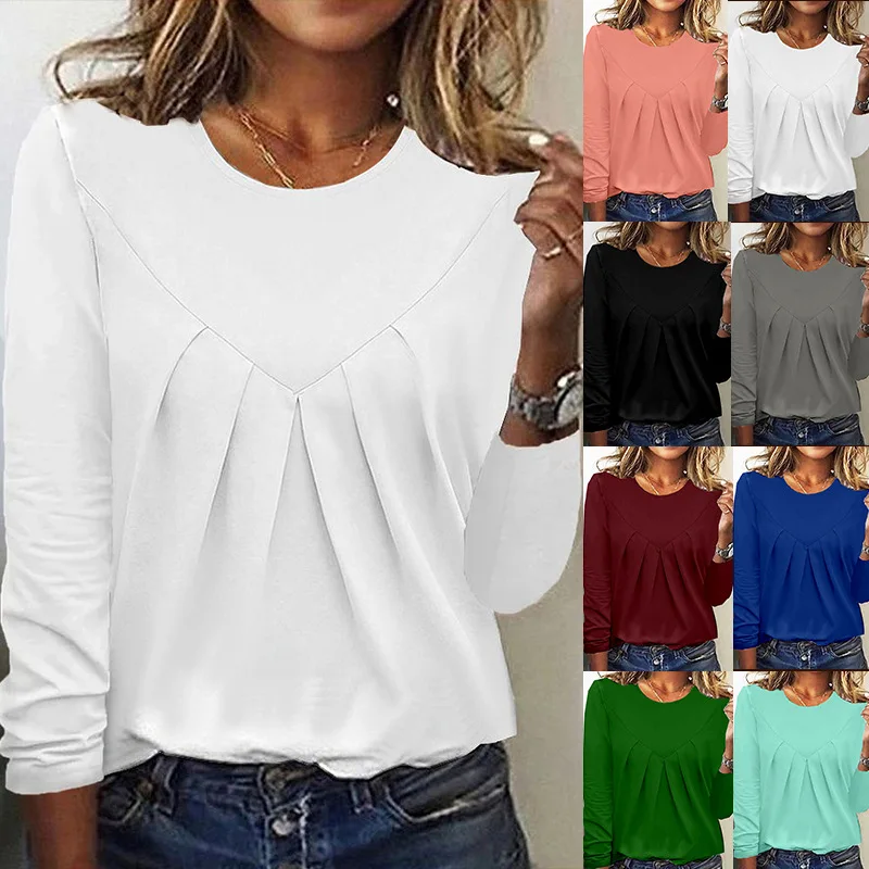 Women Ruffle Long Sleeve Solid Color Loose Pleated Tshirt