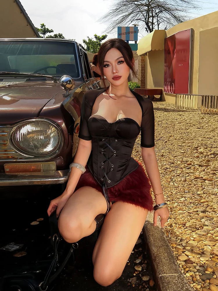 Nibber Sexy Coquette Vest 2 Piece Set Women Shirring Wild Sleeveless Bandages Tank Top+See Through Jackets Midnight Clubwear