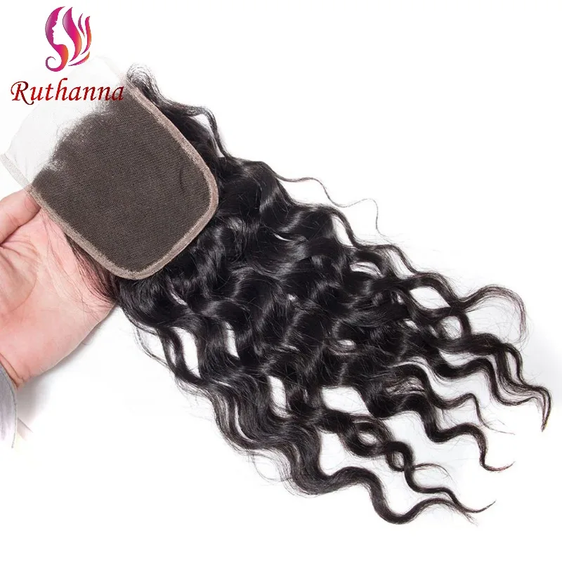4x4 Lace Closure Water Wave Human Hair Pre-Plucked Natural Color Brazilian Virgin Hair Transparent Lace Closure For Women