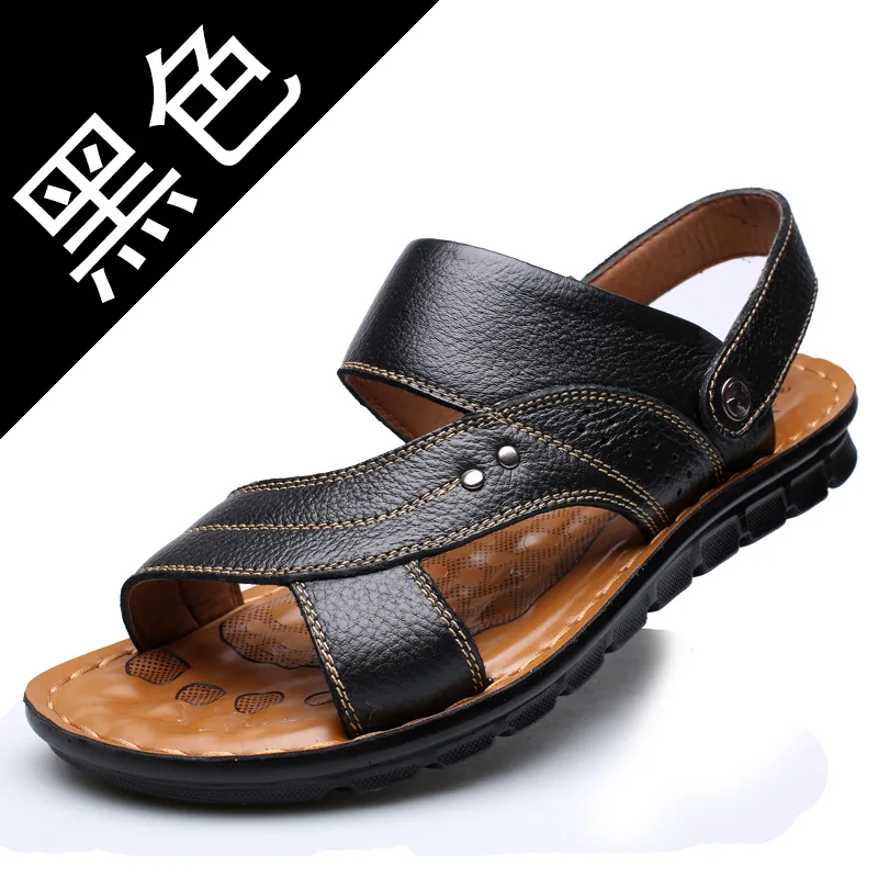 Men\'s Summer New Men\'s Sandals Men\'s Leather Beach Shoes Casual Men\'s Shoes Fashion Slippers Stripe Sandals Rubber  Mens Shoes