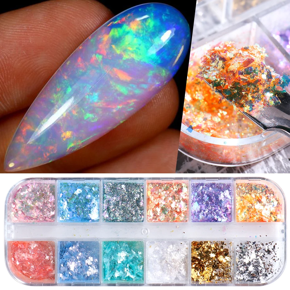 12 Colori Fire Opal Nail Powder Flakes Aurora Glitter Paillettes Per Unghie Sparkly Gel Polish Sticker 3D Manicure Accessori Beobr