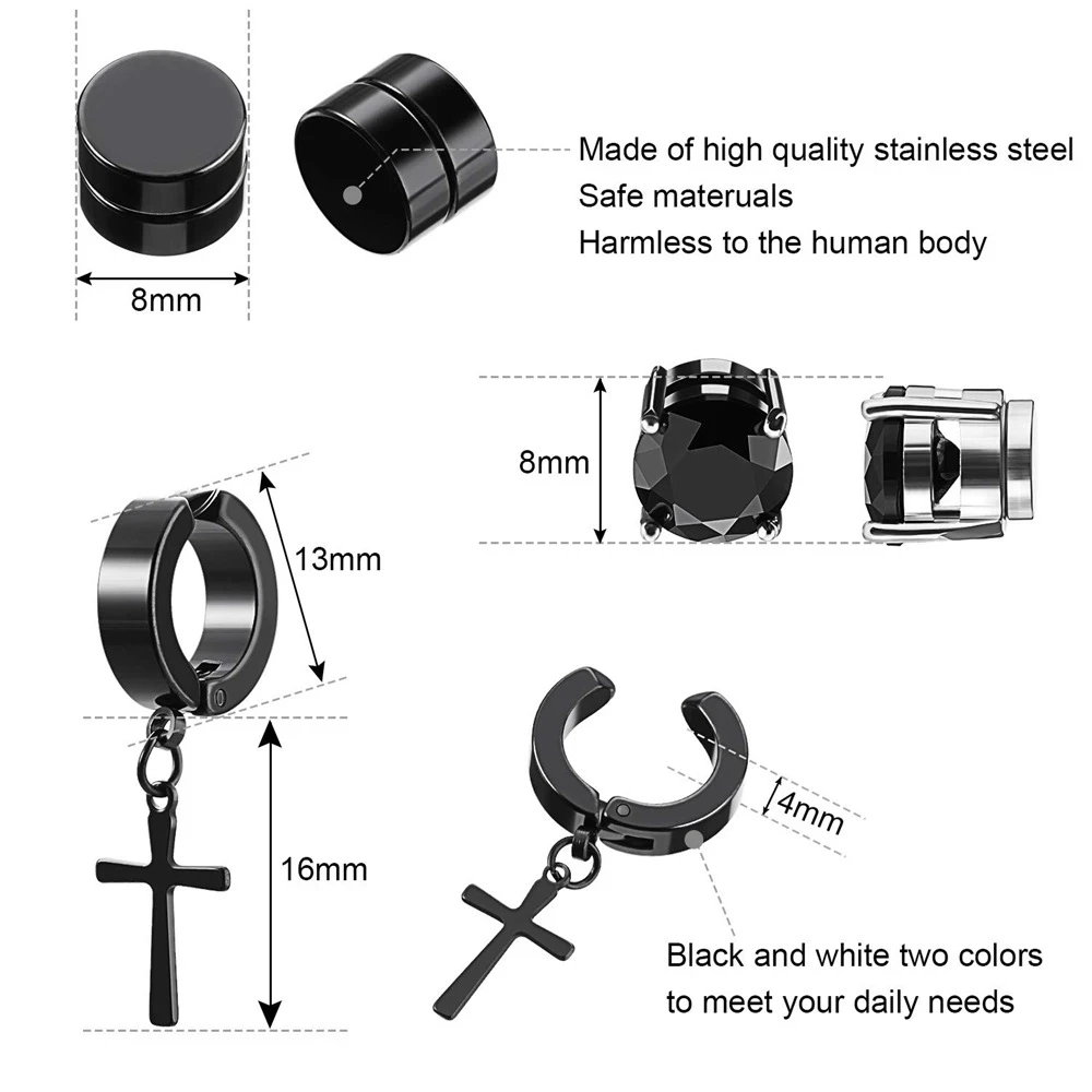 10 Pairs Stainless Steel Non-Piercing Magnetic Stud Earrings Unisex CZ Magnet Ear close Clip Women Men Punk Hip Hop Earring Set