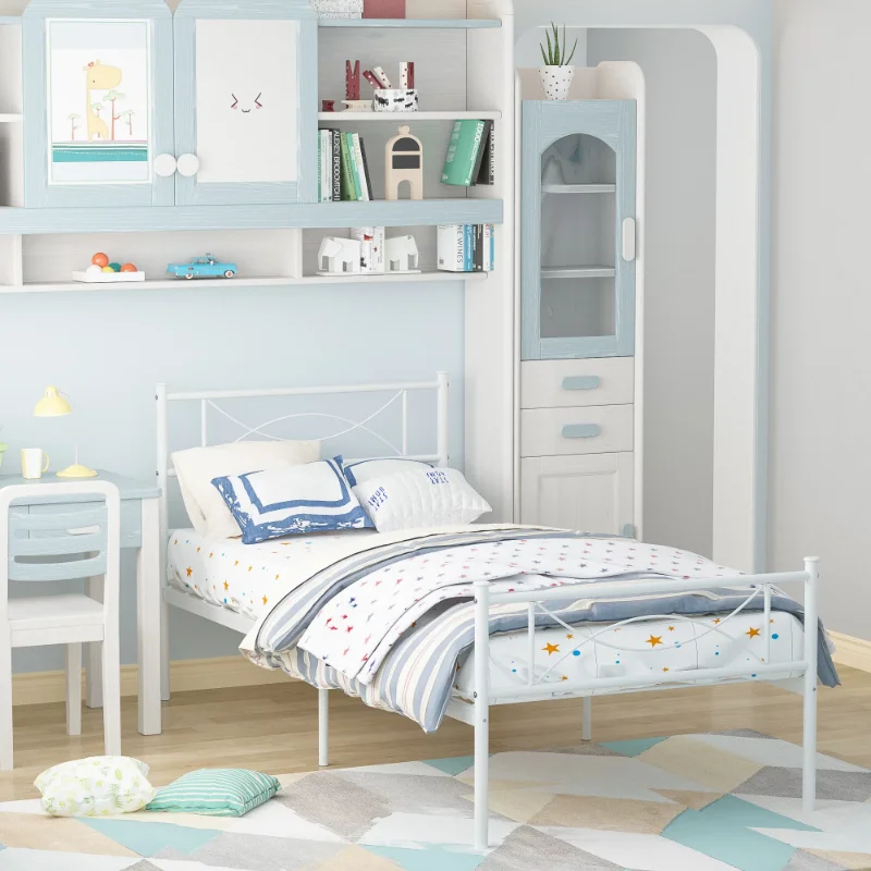 

White Finish Twin Metal Bed Frame Platform with Two Bowknot Headboards for Kids Adults Bedroom Furniture beds for kids