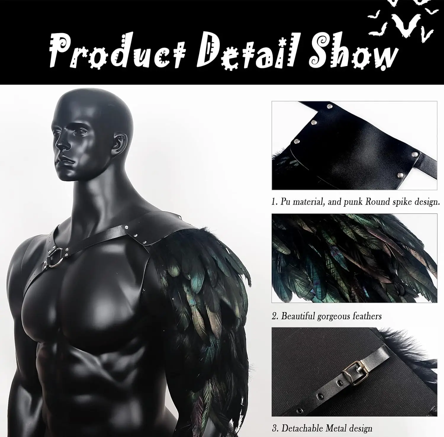 Men's Gothic Feather Shoulder Armor Leather Harness Medieval Cosplay Costume