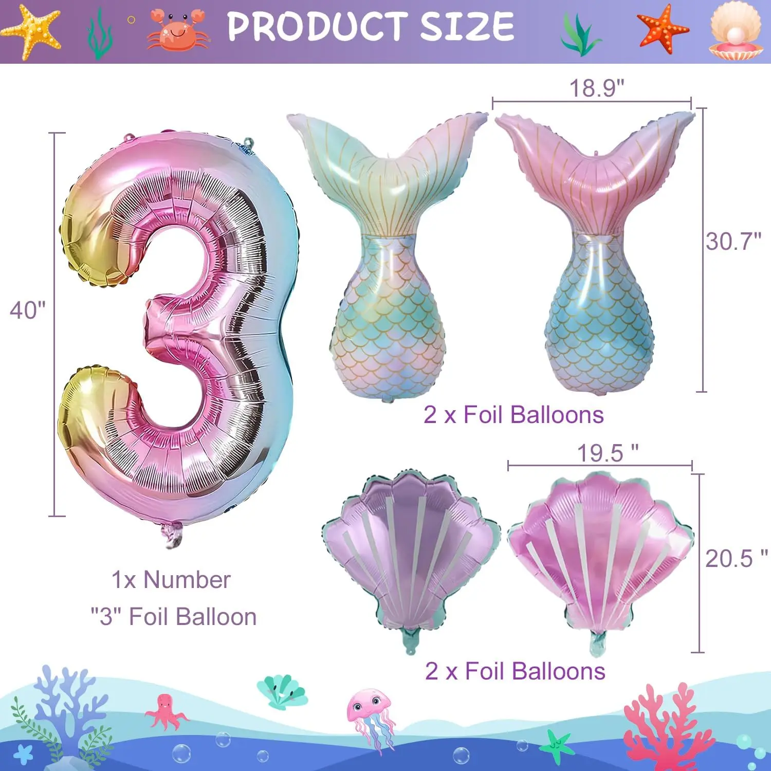 40 Zoll/21-teiliges Meerjungfrauen-Geburtstagsdekorations-Set, riesige Folienballons für 3/4/5/6-jährige Mädchen, Unterwasser-Themenparty-Ballonset – Detail 4