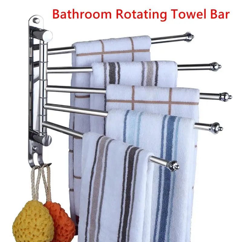 2/3/4/5 Bars Rotating Towel Rack Bars Punch-Free Toilet Bathroom Balcony Towel Holder Storage Shelf with Hook