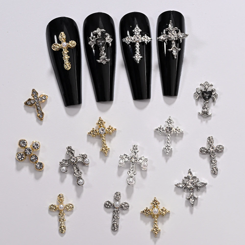 12Grids 3D Exquisite Kreuz Nail art Strass Y2k Metall Punk Voll Glitter Diamant Kreuz Nagel Charms Flache-Rückseite schmuck Nagel Dezember – Detail 6