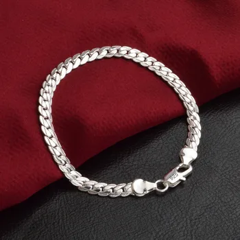 925 Sterling Silver Bracelet 6mm 18/20cm Flat Side Chain Lobster Clasp For Woman Man Wedding Engagement Jewelry 2