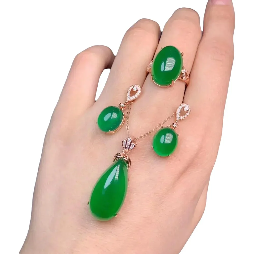

KJJEAXCMY-925 Sterling Silver Inlaid Natural Green Chalcedony Necklace Ring and Earring Set, Boutique Jewelry, Support Test