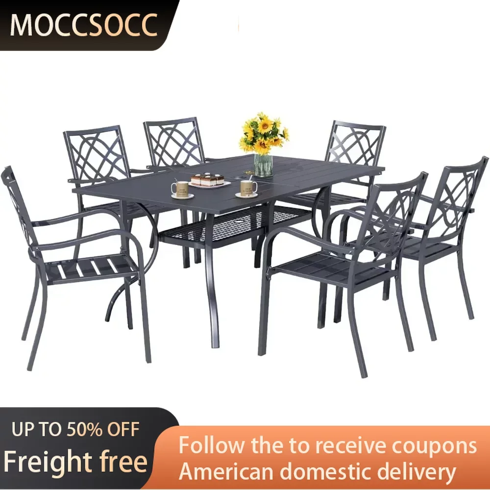 

7-Piece Outdoor Wrought Iron Chairs and Table Patio Dining Furniture Set - 6 Stackable Metal Chairs Tools Dinning Tables Sets