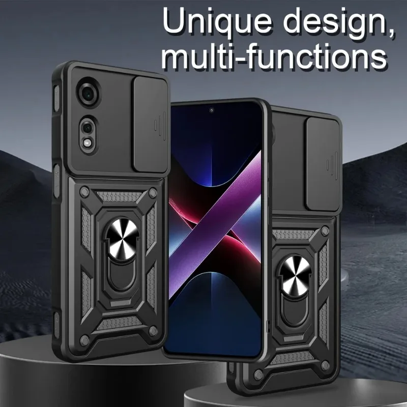 Magnetic Metal Ring Holder Shockproof Armor Case with Slide Lens Cover