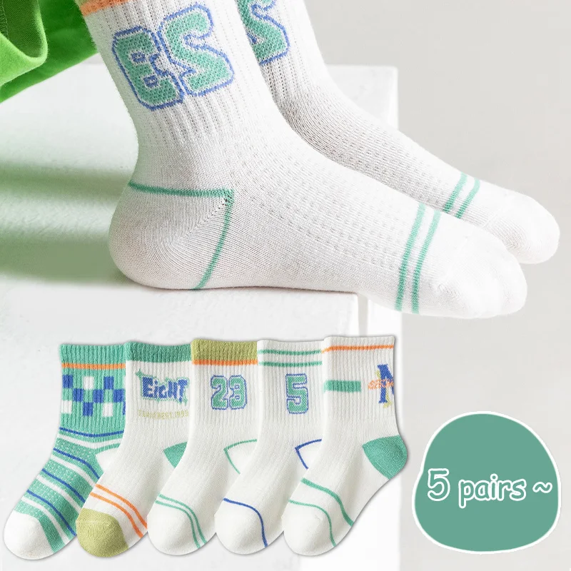 5 pairs of children's socks Girls' mid-tube socks Large children's Boys' socks Summer thin mesh breathable cotton socks