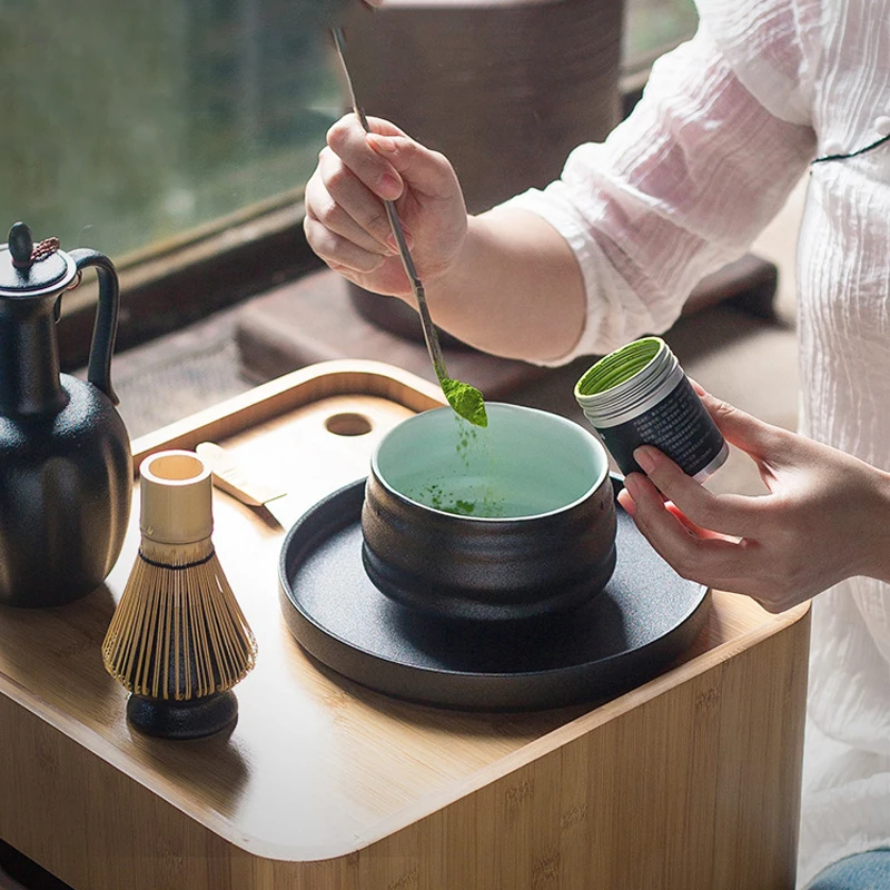 Crude Matte Black Ceramic Chawan Kiln Glazed Handmade Japanese Matcha Bowl Bamboo Whisk Holder Scoop