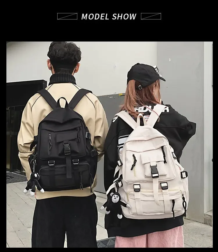 Preppy Style Black Backpack Unisex Women Men Backpack Nylon Waterproof Multi-Pocket Design Mochilas Teenagers Shoulder Bag