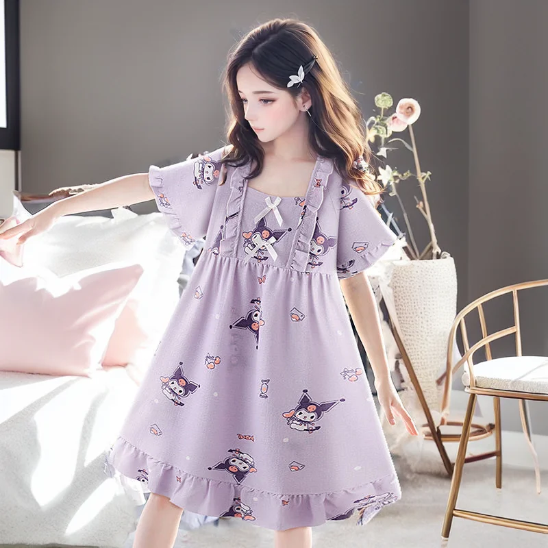 

Kawaii Sanrio Kuromi Аниме Девушки с бантом кружевная ночная рубашка милый мультяшный персонаж тонкая принцесса стиль Домашняя одежда Одежда для девочек