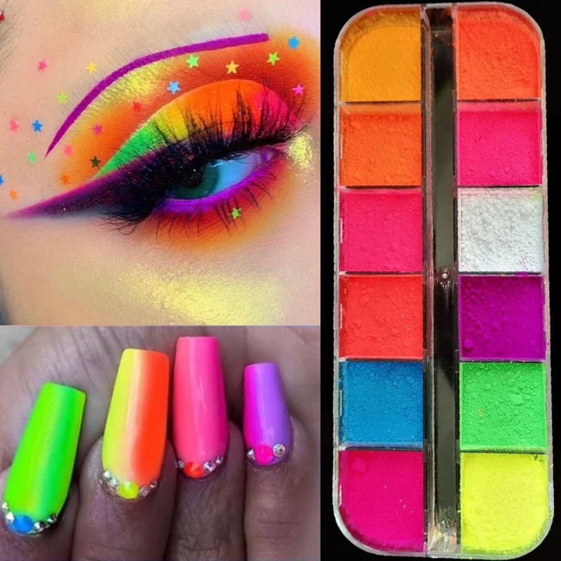 12 Colors Neon Eyeshadow Palette Matte Fluorescent Pigment Eye Makeup Palette Glitter Lasting Eyeshadow Nail Art Powder