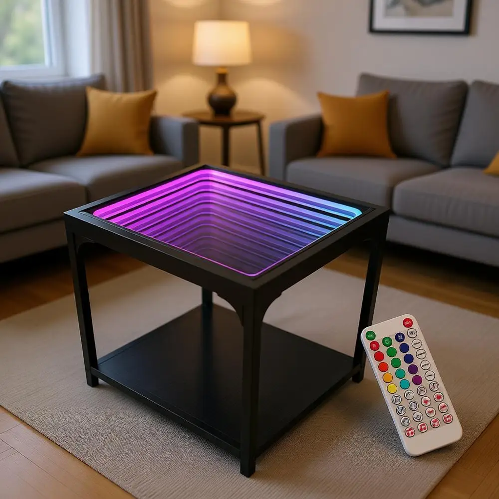 3D Infinity Illusion Mirror Table for Living Room, RGB LED Side Table with Tunnel Light, Futuristic Decor for Bedroom or Party