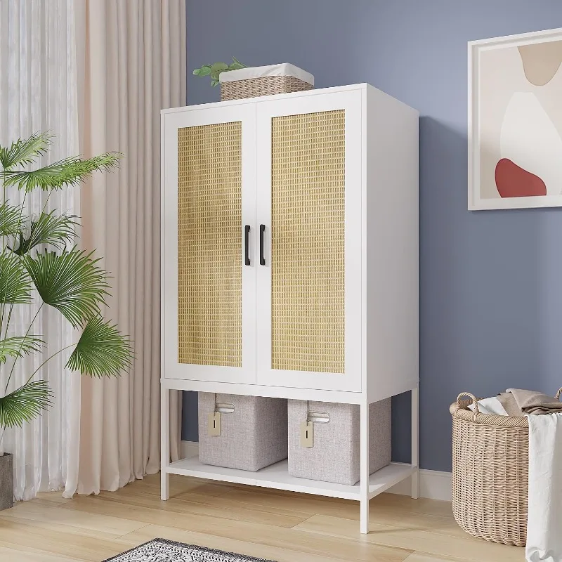 

Wardrobe Closet with 2 Doors，Rattan Bedroom Armoires with Hanging Rod Freestanding Wooden Wardrobe Cabinet with Shelves,White