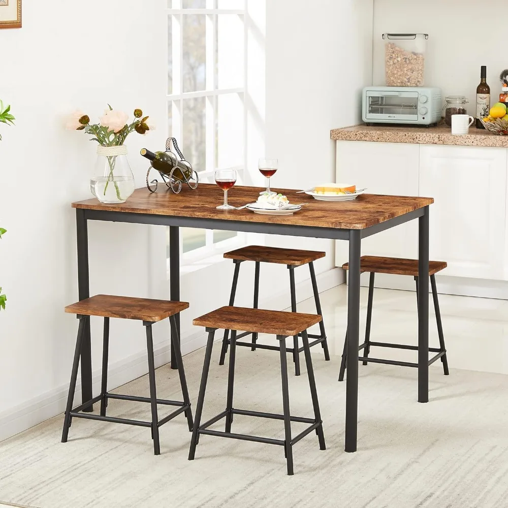 

5 Piece Dining Table Set for 4-6 Persons Rectangular Bar Dinette Metal and Wood Kitchen Furniture with 4 Stools,Industrial Brown