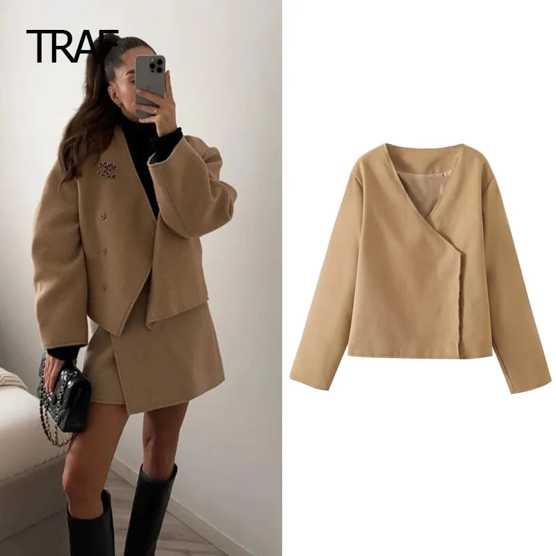 

TRAF Women's Coat Autumn Winter 2023 Tweed Crop Coat V-Neck Long Sleeve Top New In Outerwears Demi-Season Jacket High Quality