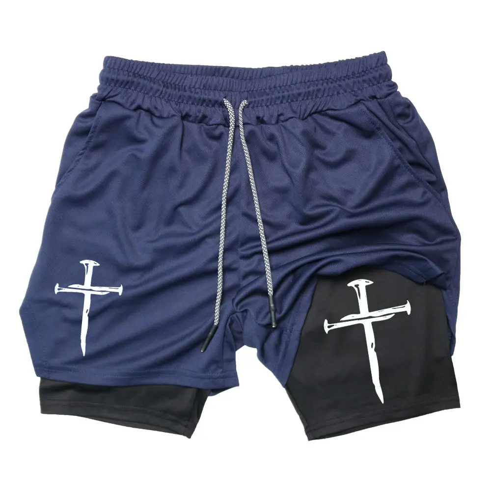 Cross sportswear double layer training print shorts gym two in one running shorts men's summer thinshorts