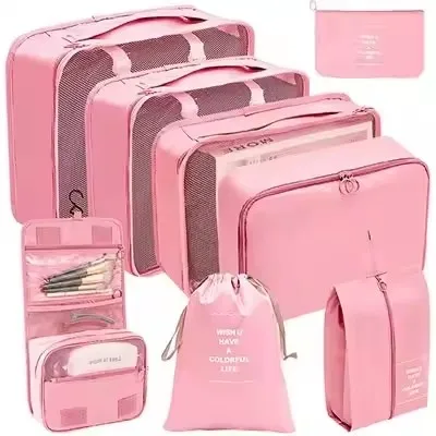 Waterproof Travel Packing Cubes Set with Drawstring Storage Pouches - 8-Piece Luggage Organizer for Clothes, Shoes, Underwear, and Cosmetics