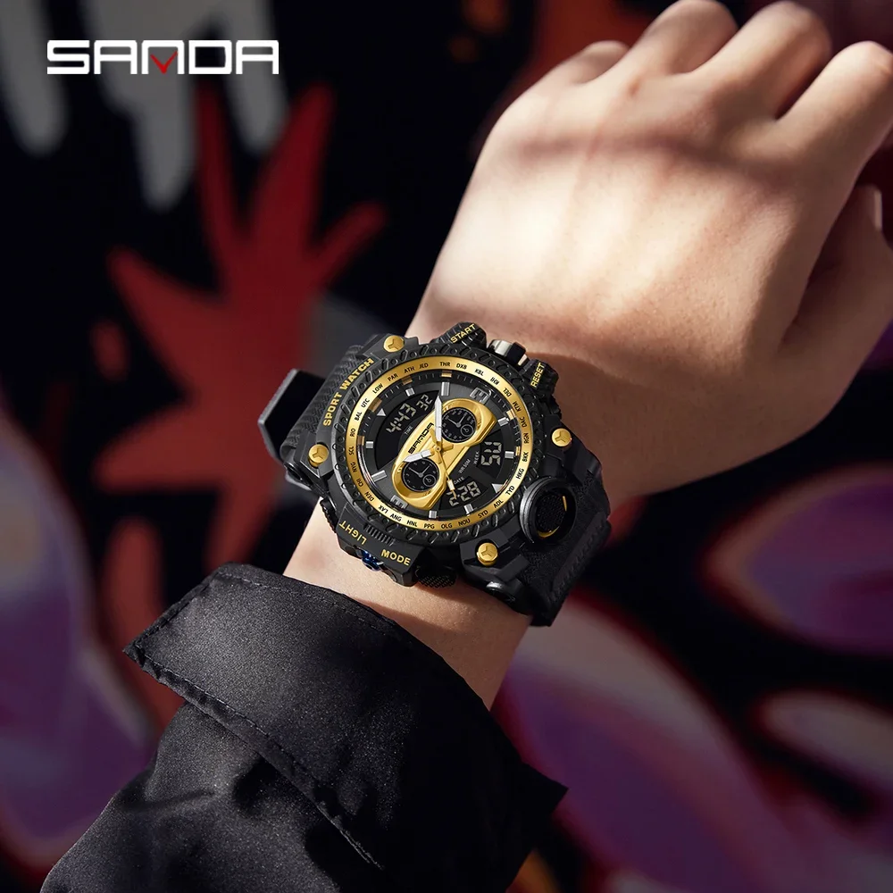 SANDA 3153 Men's Watches Sports Military Quartz Watch 50M Waterproof Dual Display Digital Wristwatch For Male Relogio Masculino