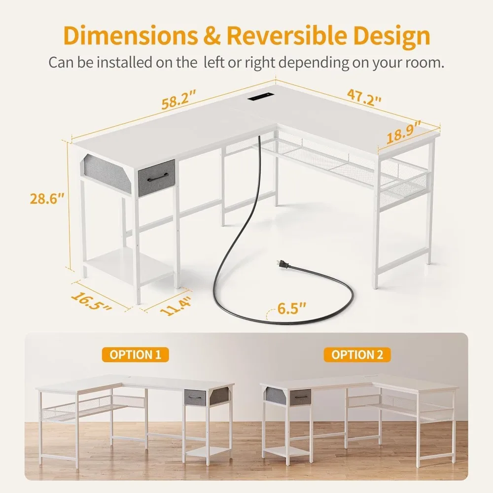 "58-inch l-shaped gaming desk with integrated power and usb ports"