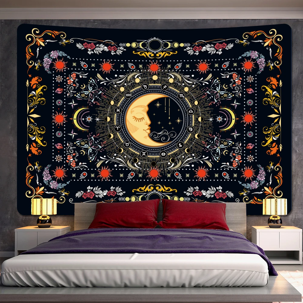 Arazzo Parete Sole Luna - 150x130 Cm, Nero/Oro, In Poliestere, Decorazione Boho E Psichedelica - Foto 6