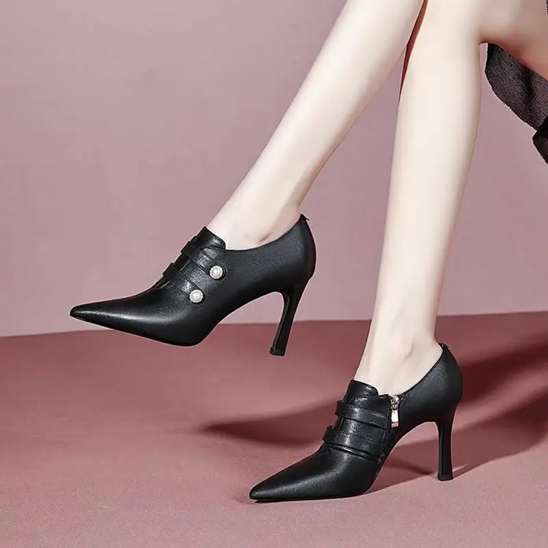 Ladies Bare Boots Women High Heels Dress Shoes Double Pearl Booties New Designer Winter Autumn Ankle Boots Zip Pointed Toe Pumps