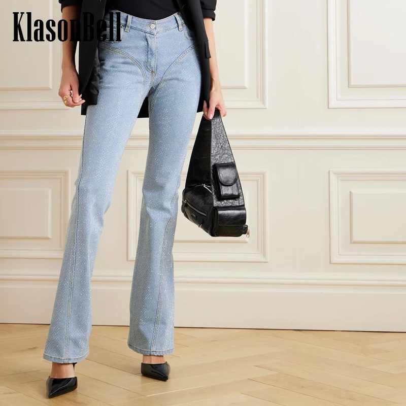 

5.19 KlasonBell Personality Fashion Bling Crystal Diamonds Denim Trousers For Women Mid Waist All-match Slim Flare Jeans
