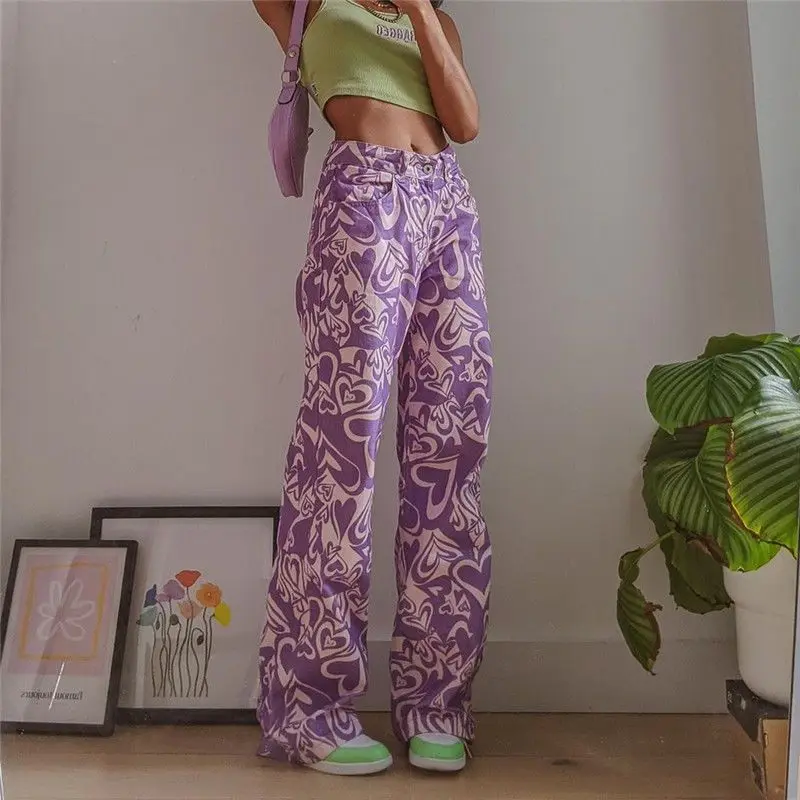 Heart Print Casual High Waist Jeans Women 2000s Aesthetic Skinny Straight Denim Trousers Fashion Cute 90s Streetwear