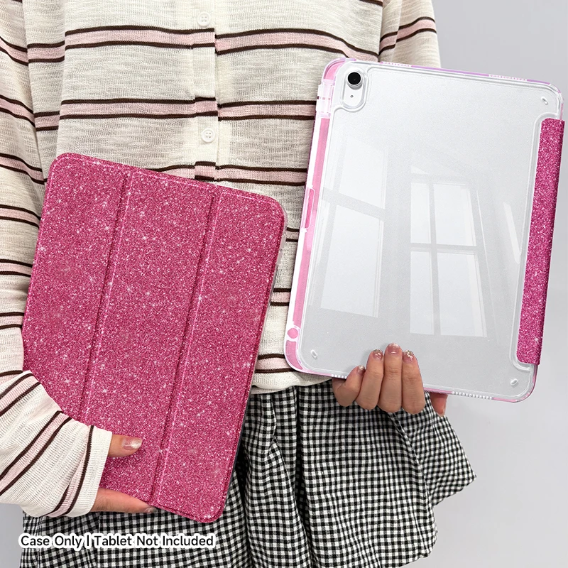 Sparkle Pink/Purple Foldable iPad Case with Pen Slot and Auto Wake/Sleep