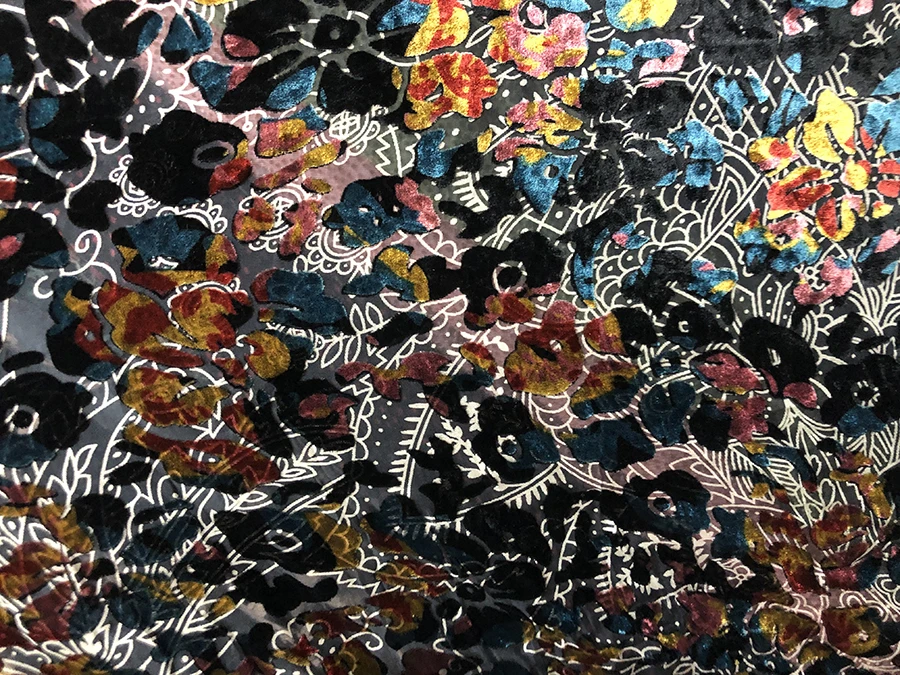 

High Quality Real Silk Velvet Clothing Fabric Black Background White Totem Multicolor Cutout Etched-out Designer Dress