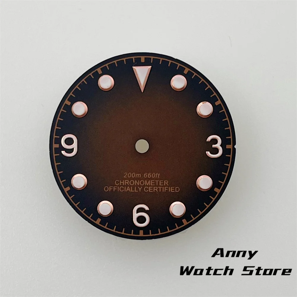 Vintage 29mm Watch Dial with Black, Brown, and Dark Blue Design Featuring Rose Gold Edging and Green Luminous Markers
