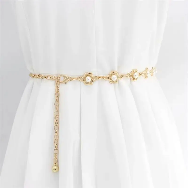 

Fashion Elegant Women Imitation Pearl Belts Alloy Chain Belts White Imitation Pearl Chain Women Clothing Accessories