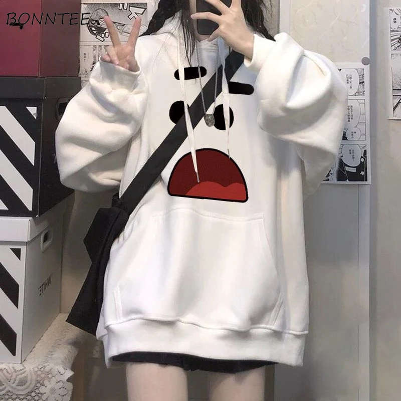 

With Hat Hoodies Women Vintage American Retro Plus Velvet Thicker Loose School Girls Street Wear Korean-style Kangaroo Pocket