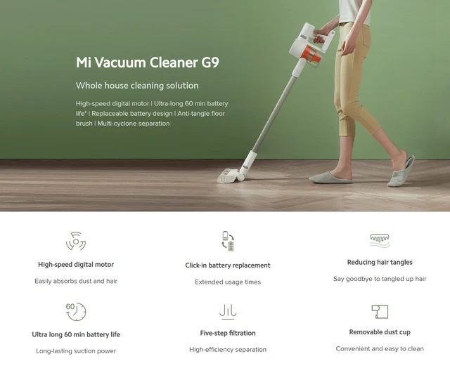 Xiaomi Mi G9 Aspirateur, Aspirateur à Main sans Fil, Aspirateur à Brosse  avec Batterie Amovible, Puissance d'aspiration de 120 AW, durée de  Fonctionnement 60 Minutes gobelet à poussière de 0,6 Litre 