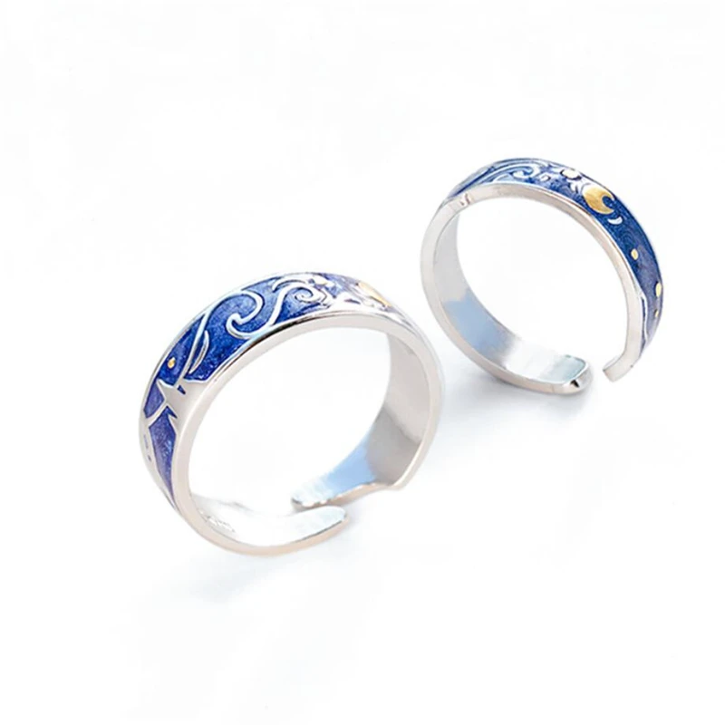 WYEAIIR 925 Sterling Silver Van Gogh Starry Sky Couple Ring Sweet Romantic Gift Resizable Opening Ring For Women Luxury Jewelry 6