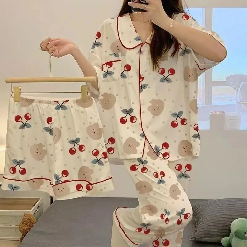 3pcs Pajamas Women's Summer 2024 New Short-Sleeved Lapel Trousers Top Loose Kawaii Clothes Homewear Sense of Luxury BirthdayGift 4