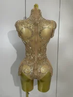Sexy Shining Golden Rhinestone Mesh See Through Bodysuit Women Birthday Evening Party Celebrate Performance Nightclub Stage Wear - Image 2