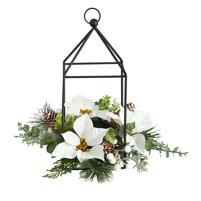 

Holiday White Poinsettia, Berries and Pine Cone Candle Holder Artificial Flower Arrangement