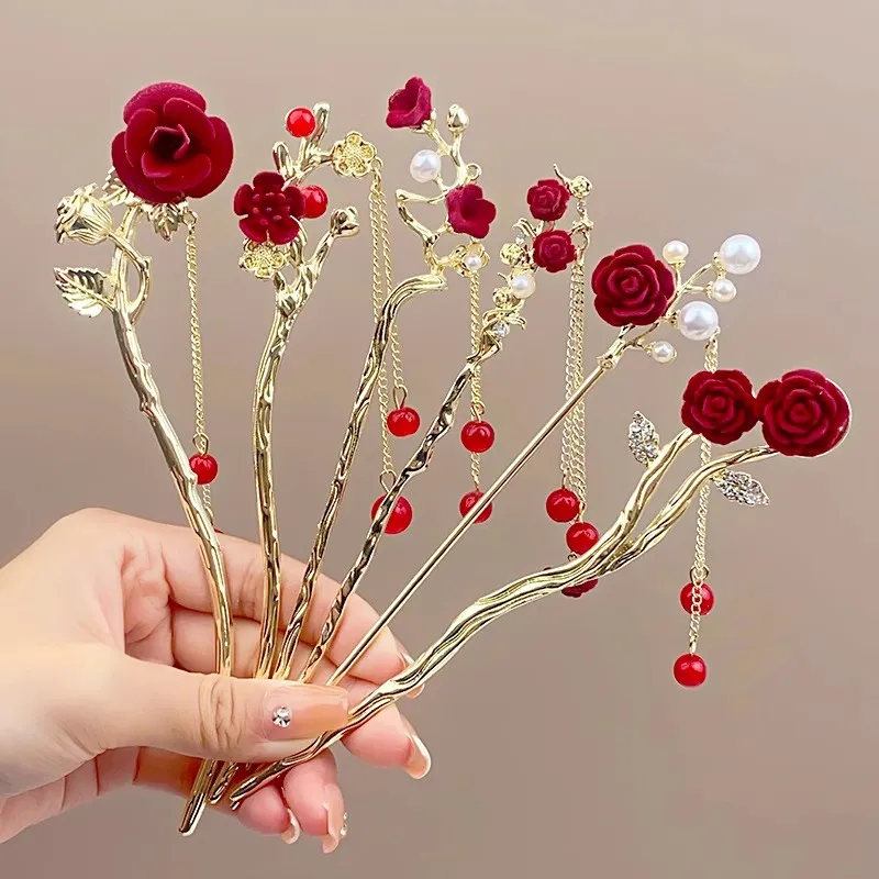 Vintage Red Flower Bead Pendant Gold Hair Sticks For Women Put Hair Up Bun Hair Updo Hair Clip Headband Accessori Per Capelli Di Moda