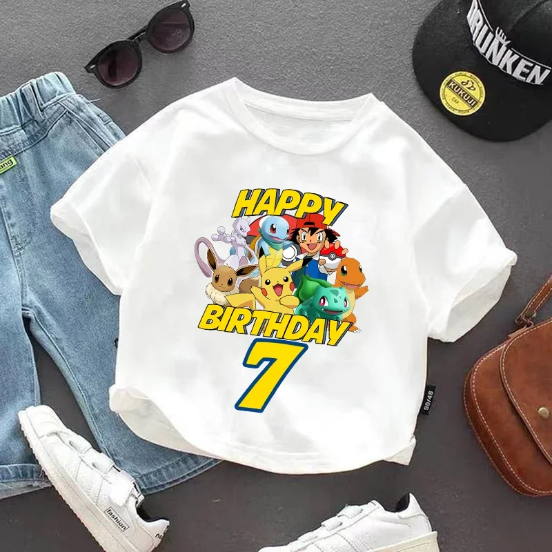 Pikachu Baby Birthday Number T Shirt Pokemon Boys Girl Summer Clothes Cartoon Infant Cotton T Shirts Short Sleeve Kids Tees Tops