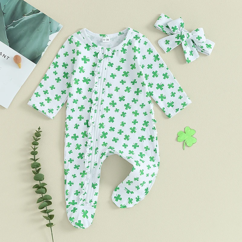 Citgeett Spring St. Patrick's Day Infant Baby Girls Jumpsuit Long Sleeve Clover Print Footed Romper Headband Clothes